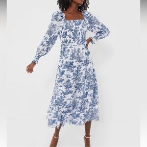 Hyacinth House Women's Georgina Midi Dress Blue Toile Long Sleeve Size Small